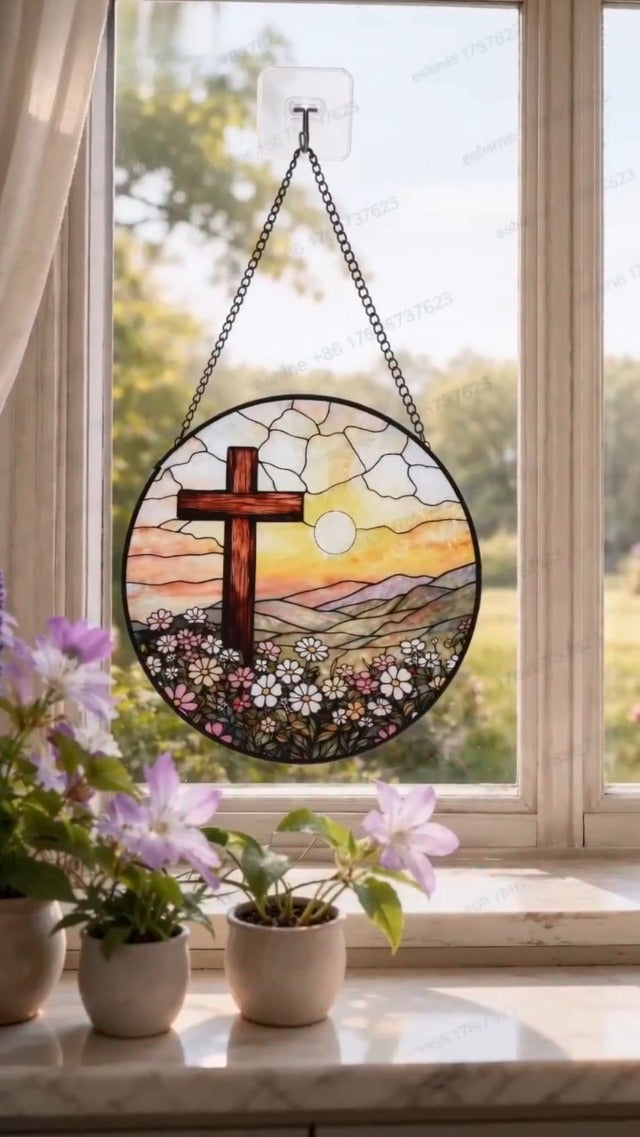 8 Inch Stained Glass Cross Sunset for Windows Hanging, Stained Glass Gift, Christian Gifts, Religious Gifts, Christian Cross, Window Decor, Religious Faith Gift for Easter, Mother's Day, Christmas Cross & Sun