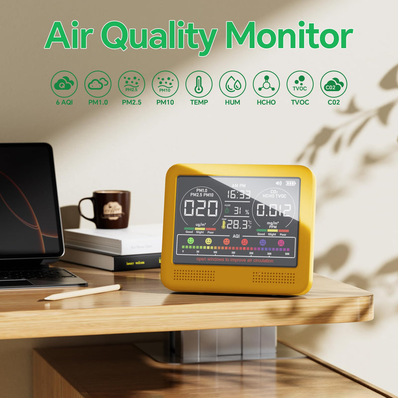 16-in-1 Indoor Air Quality Monitor with PM1.0,PM2.5,PM10,CO2,HCHO,TVOC,Temperature,Humidity,Time Display &7 AQI Alarms – Professional Air Quality Tester for Home, Office & Indoor Use (Bright Yellow) Bright Yellow