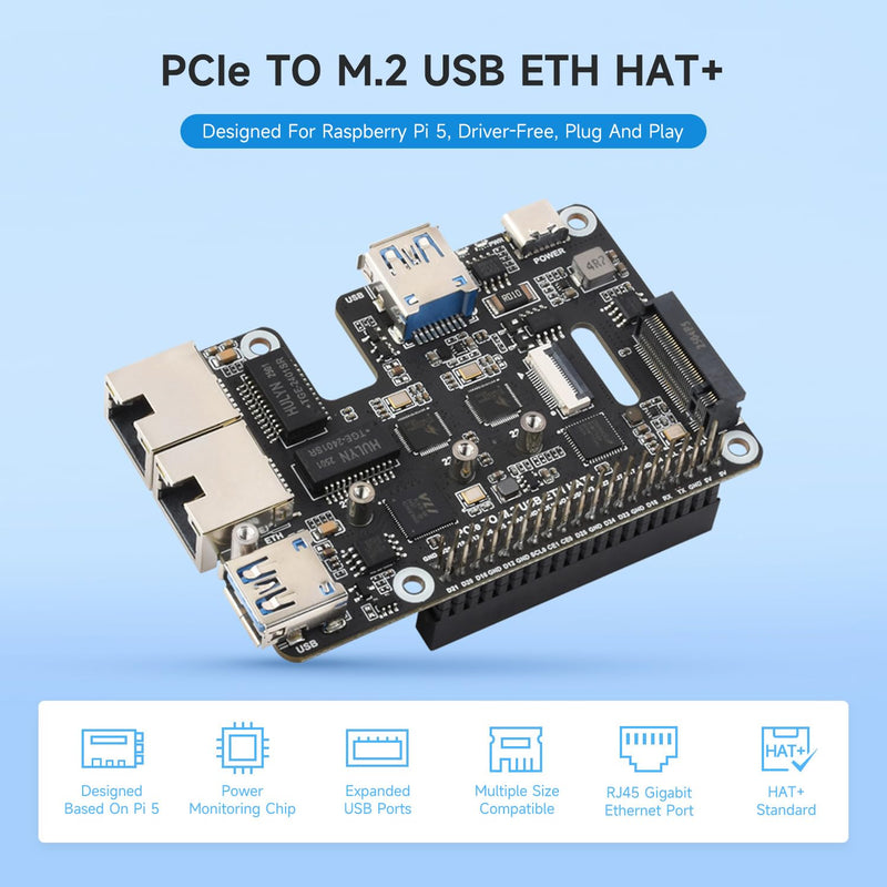 Waveshare PCIe to USB 3.2 Gen1 / 2.5G ETH/M.2 NVMe Adapter, Compatible with Raspberry Pi 5, Supports NVMe Protocol M.2 Solid State Drive, Expands 2-ch USB 3.2 Ports and 2-ch Ethernet Ports, HAT +
