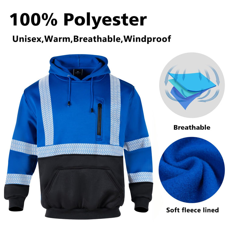 VENDACE High Visibility Reflective Safety Fleece Sweatshirt Hoodies for Men ANSI Class 3 Hi Vis Pullover Hoodie Jacket(Royal blue,2XL) XX-Large Royal Blue