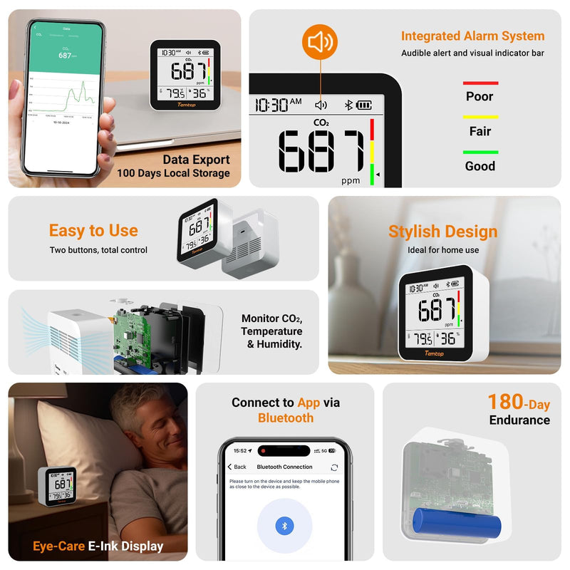 [Australia - AusPower] - Temtop CO2 Bluetooth Meter Room Air with App Connection, Real Time CO2 Monitoring, Temperature & Humidity, Alarm Function, for Healthy Air Quality Home and Office, C10-2ND Co₂ With App 