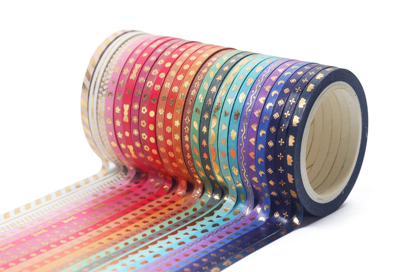 24 Rolls Washi Tape Set Foil Gold Skinny Decorative Masking Tape 3MM Wide Scrapbook Tape for DIY Craft Art Projects Journal Gift Wrapping