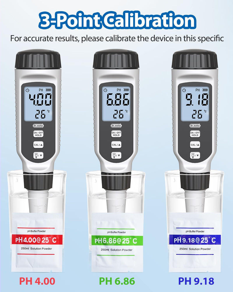 PH Meter, Dr.meter PH Meter Water 0.01 High Precision PH Value Meter with Alarm LCD Display and Automatic Temperature Compensation for Water, Aquarium, Pond, Pool with Calibration Powder 1