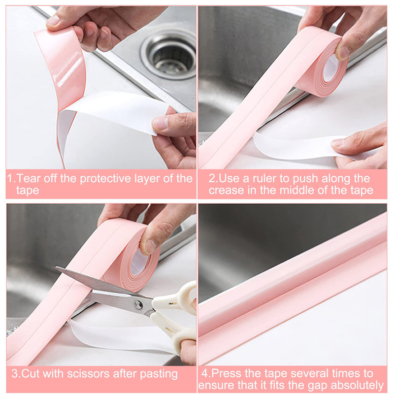2 Roll Caulk Strip Tape, Self-Adhesive Waterproof Caulking Sealing Tape for Kitchen Countertop Sink Toilet Bathroom Bathtub Floor Wall Edge Sealing Strip 1.5 Inch x 10.5 Feet,Pink Pink
