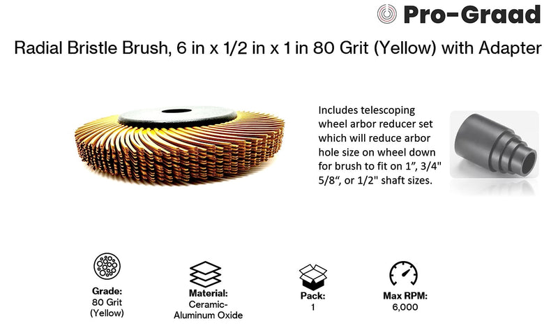 [Australia - AusPower] - Radial Bristle Brush, 6 in x 1/2 in x 1 in 80 Grit (Yellow) with Adapter, Type C Curved Bristle (Pack of 1) 