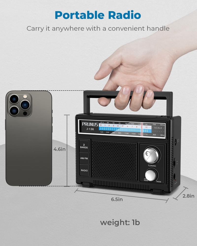 [Australia - AusPower] - PRUNUS Portable Radio AM FM, Transistor Radio Battery Operated and Plug in Wall,Loud Speaker Support AUX in and Micphone in, Small Radios Portable AM FM J-136 