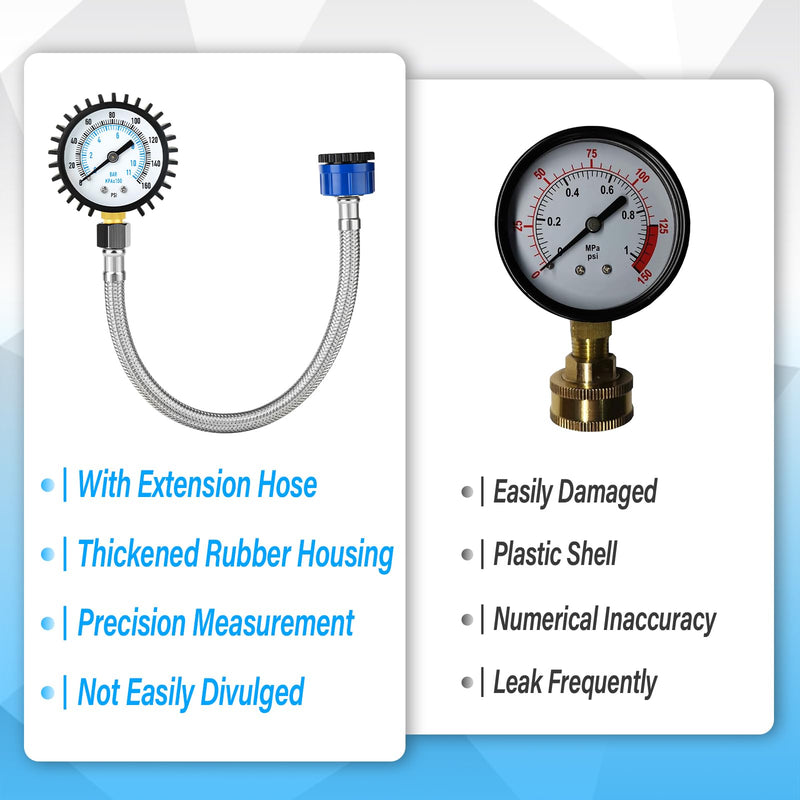 [Australia - AusPower] - ERGAOBOY 0-11 Bar (0-160Psi) Stainless Steel Water Pressure Gauge, 3/4" BSP to 1/2" BSP Garden Hose Female Thread with Hose 0-11 Bar(3/4"-1/2" with Hose) Lower Mount 