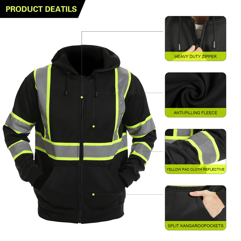 High visibility Hoodie for Men,Class3 Hi Vis Hoodie with Zipper,Reflective Hooded Hood,Construction work Safety Sweatshirt with Large front Pocket for Men/Women BLACK,2XL Black02 XX-Large