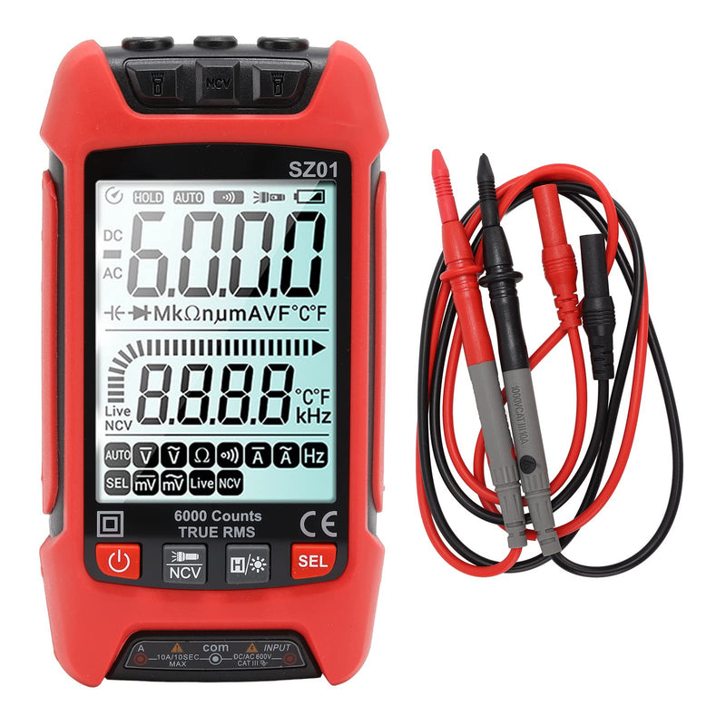 [Australia - AusPower] - Digital Multimeter with Backlit LCD, 6000 Counts Auto Ranging Voltage Tester, AC/DC Current/Resistance/Frequency Measurement, Ceramic Protection Red 
