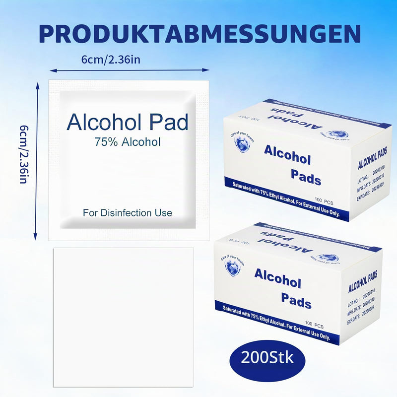 Pack of 200 Alcohol Pads, 75% Alcohol Wipes, 6 x 6 cm Alcohol Swabs, Individually Packed For Hygienic Reasons, Suitable for Business Trips, Travel and Daily Use