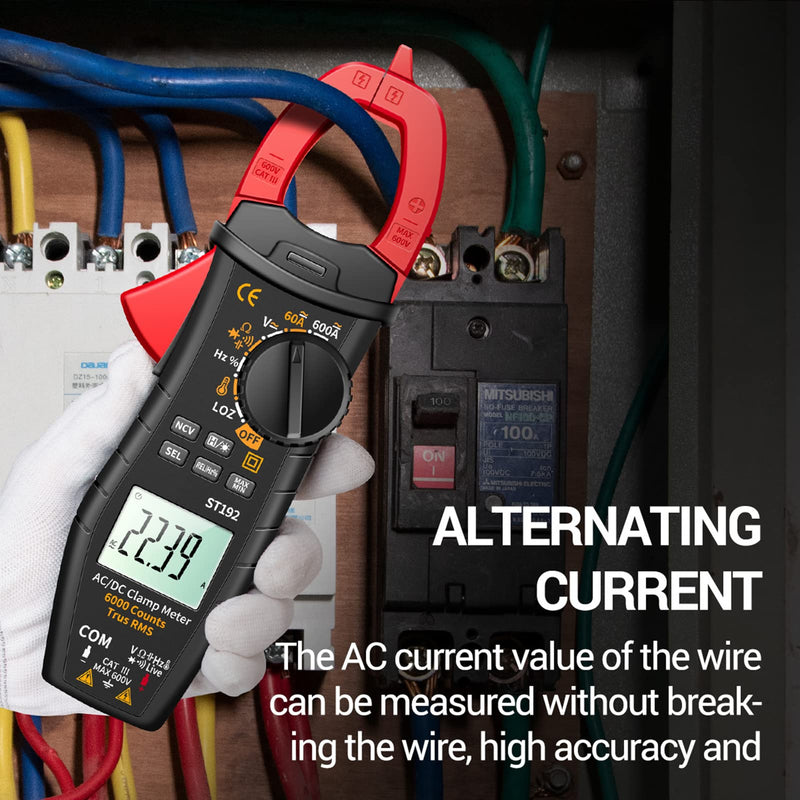 [Australia - AusPower] - Jadeshay ST192 Clamp Multimeter, 6000 Counts True RMS AC/DC Voltage & Current Tester with Backlit LCD, No Battery Included 