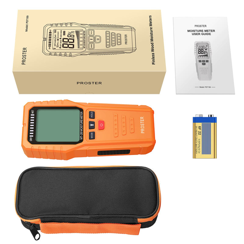 [Australia - AusPower] - Proster Pinless Wood Moisture Meter, Non-Destructive Moisture Detector Moisture Tester Detect up to 3/4 Inch Below Surface, Visual/Audible Alarm, with Storage Case Orange 