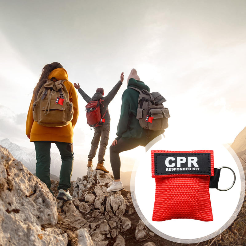 [Australia - AusPower] - AOUTACC 5PCS CPR Mask and PVC Disposable Gloves for Pocket or Key Chain, CPR Emergency Face Shield with One-way Valve Breathing Barrier for First Aid or AED Training Bright Red-5 