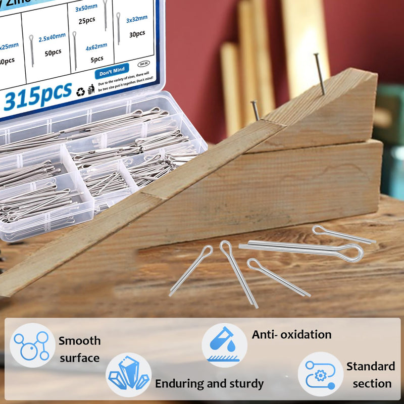 [Australia - AusPower] - 315Pcs Cotter Pins Assortment kit Zinc plated Cotter Pins Steel Split Pin Fastener Clips for Automotive, Axles, Trailer hitch, Tractors Hardware pins 