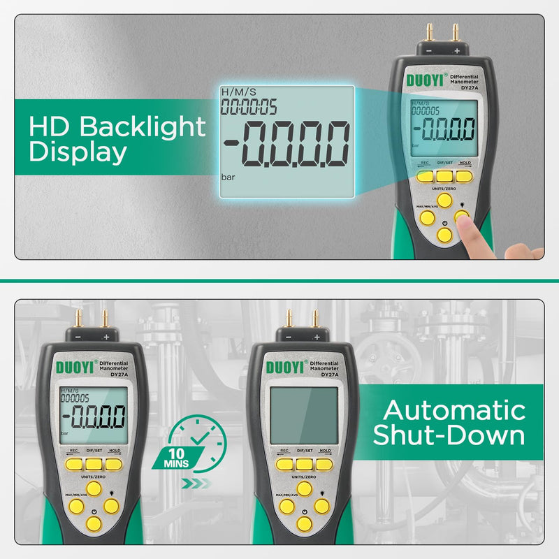 Manometer Gas Pressure Tester ±241.3Kpa/35Psi Wide Range Digital Manometer Gas Pressure Tester 11 Pressure Units Manometer Lp Gas Pressure Tester MAX/MIN/AVG Measurement manometer hvac with Battery