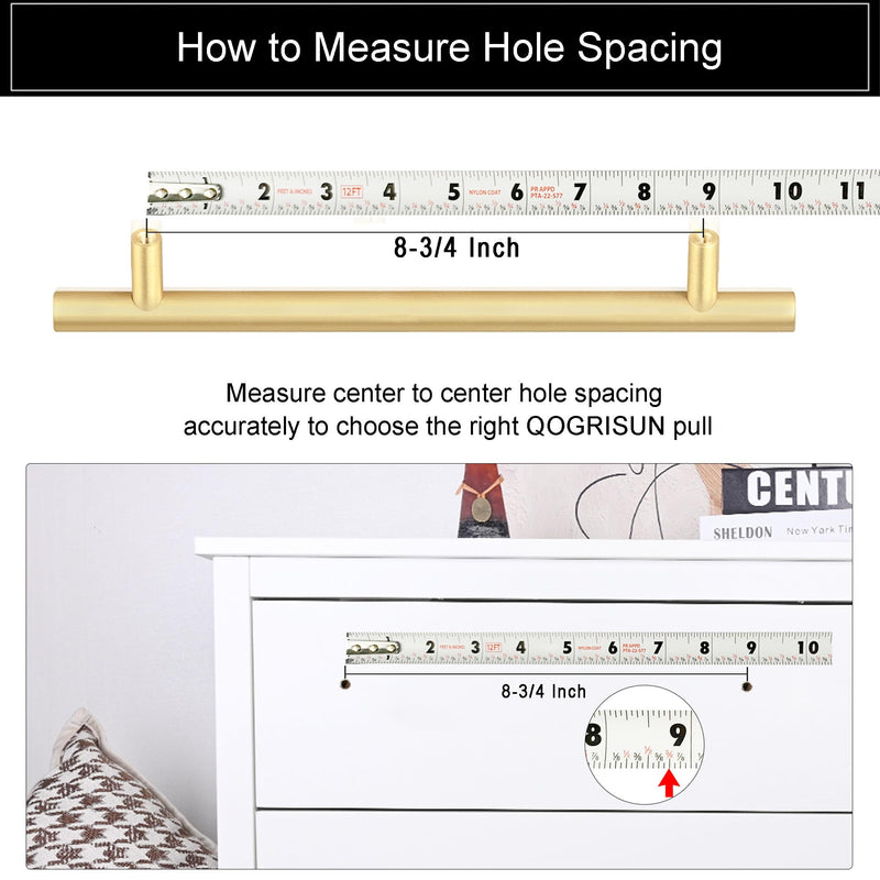 QOGRISUN 2-Pack Solid Brass Cabinet Pulls 8-3/4 Inch Hole Center, Heavy Duty Brushed Brass Cabinet Hardware, Modern Square Drawer Handles for Kitchen Dresser, Anti-Tarnish, 11 Inch Overall Length 8-3/4-Inch Hole Centers
