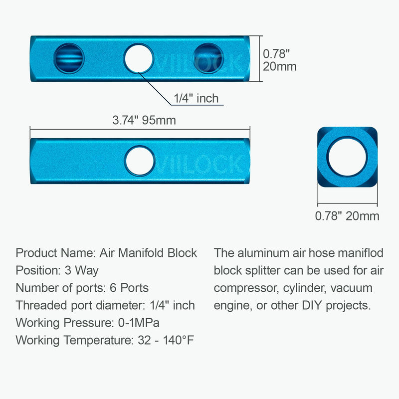 [Australia - AusPower] - 2Pcs Aluminum Block 1/4"PT, Pneumatic Manifold Air Distribution Block, Air Compressor Manifold Fitting (3 Way 6 Port) 3 Way 6 Port 