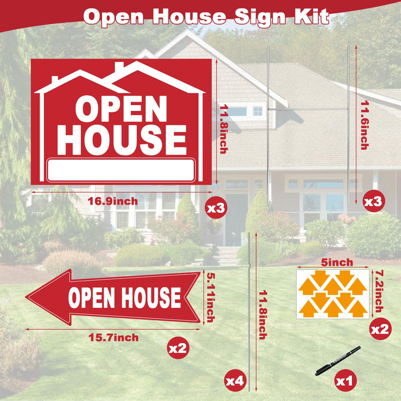 5 Pack Open House Signs for Real Estate 3 Pcs 17"X12" Large Double Sided Yard Signs with Metal Stakes, and 2 Pcs Directional Signs with Arrow, Suitable for Agents Property Sale 17 x 12 inches