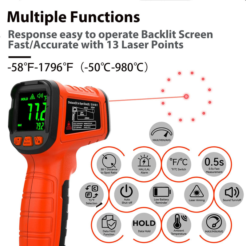 [Australia - AusPower] - 50:1 Infrared Thermometer Temperature Gun, -58°F to 1796°F Digital Laser Temp Gun for Cooking, Pizza Oven, BBQ, Fridge IR Handheld Gun for HVAC, Engine, and Industrial Use. 