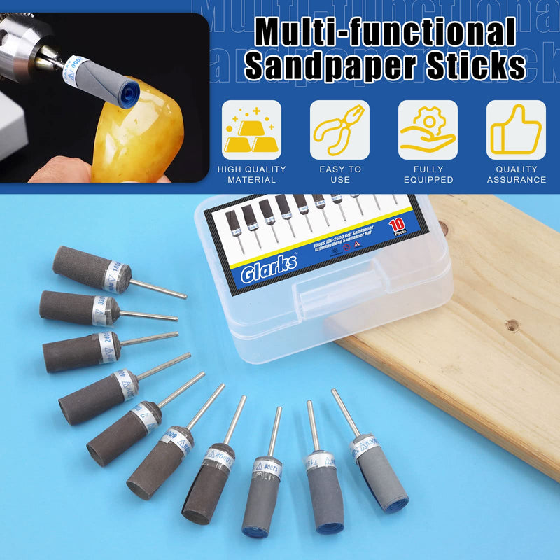 [Australia - AusPower] - Glarks 10Pcs Sanding Drums Sleeves Polishing Rolls, Abrasive Grinding Head Sandpaper Bar Sticks, 180/240/320/400/600/800/1000/1200/1500/2000 Grit Cylinder Polishing Grinding Mounted Sanding Points 