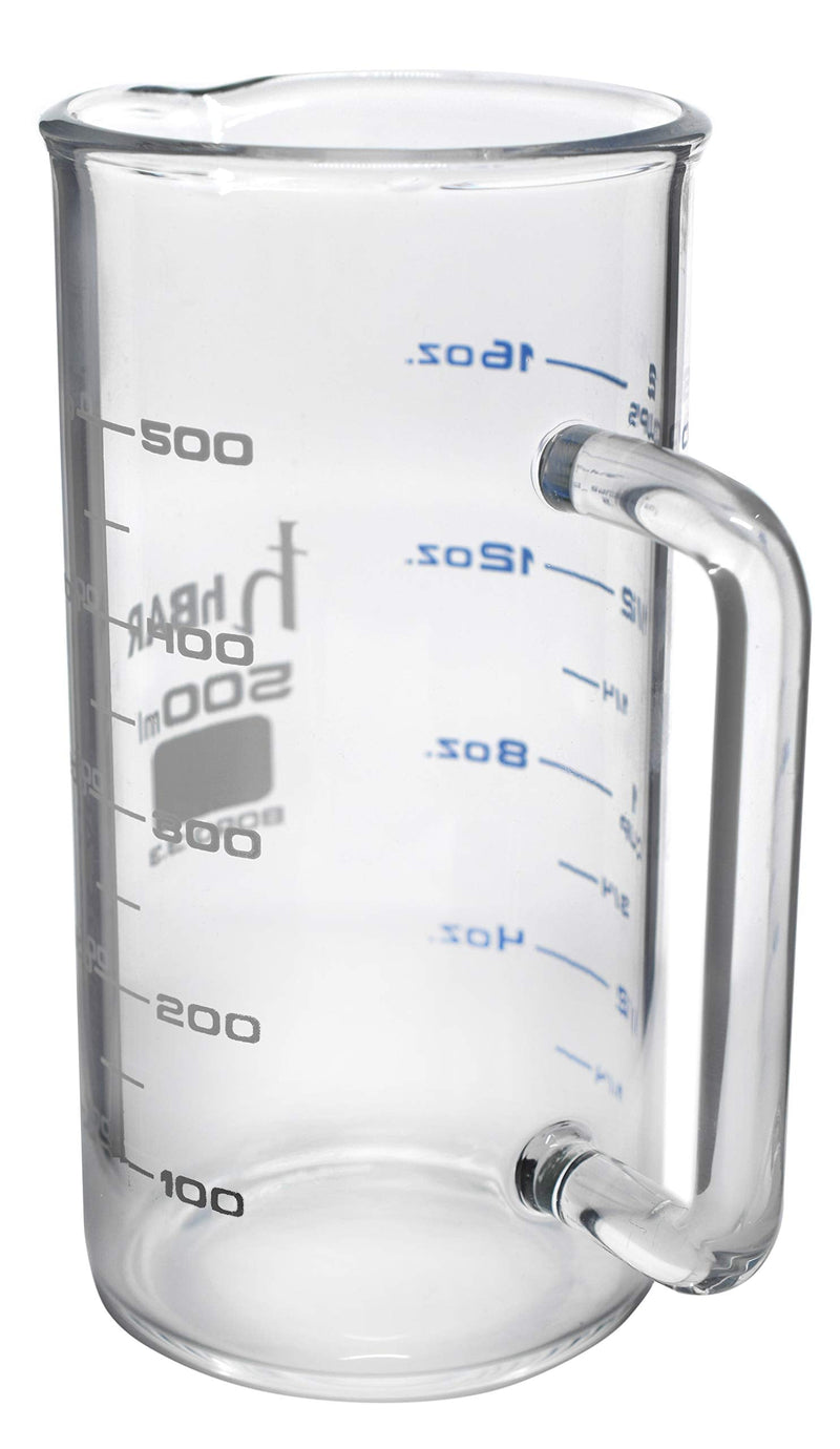hBARSCI Industrial Beaker Mug, 500ml - Extra Heavy Duty 3.3 Borosilicate Glass - Tall Form, with Spout - Double Sided, Printed Graduations in Cups, Ounces & Milliliters