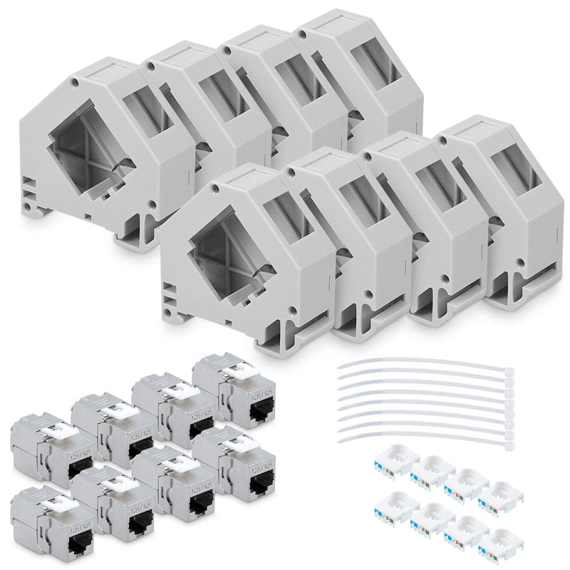 kwmobile Keystone Module Set CAT 6A with DIN Rail Adapter - 8x RJ45 DIN Rail Adapter Socket Shielded + 8x Holders for DIN Rail - Tool-Free Network Socket up to 10 Gbit/s 8x+8x