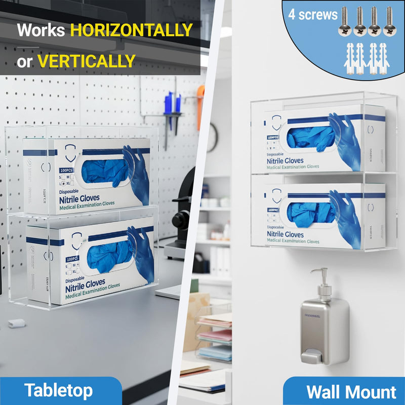 Double Glove Box Holder Wall Mount, Side-Load Acrylic Glove Dispenser - Clear Medical Storage Organizer for Lab, Hospital, Kitchen,- 10 x 3.54 x 10.6 IN - Quick Access & Easy Refill Double