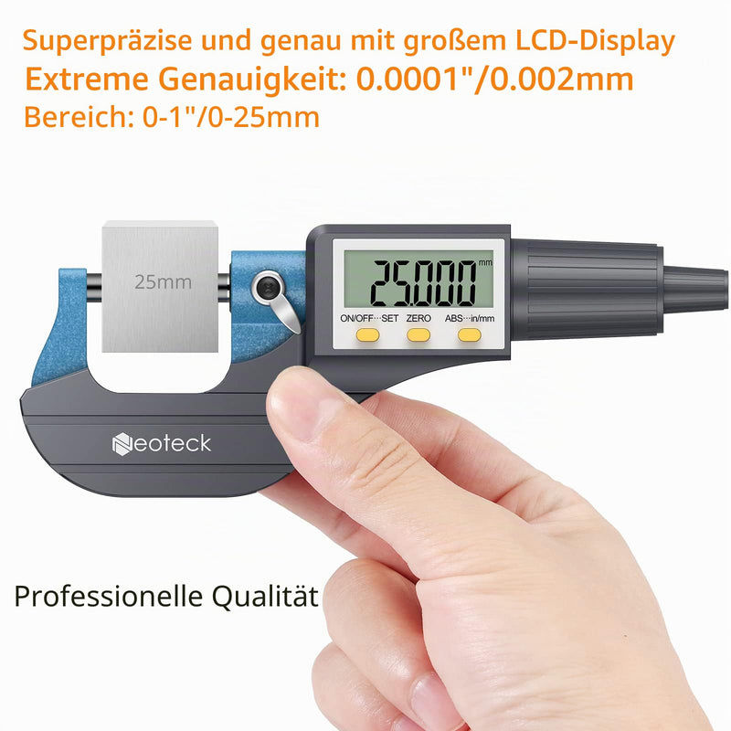 Neoteck Digital Micrometer Micrometer Micrometer Outside Micrometer Electronic 0-25 mm with LCD Display Micrometer 0.001 mm / 0.00005 Inches