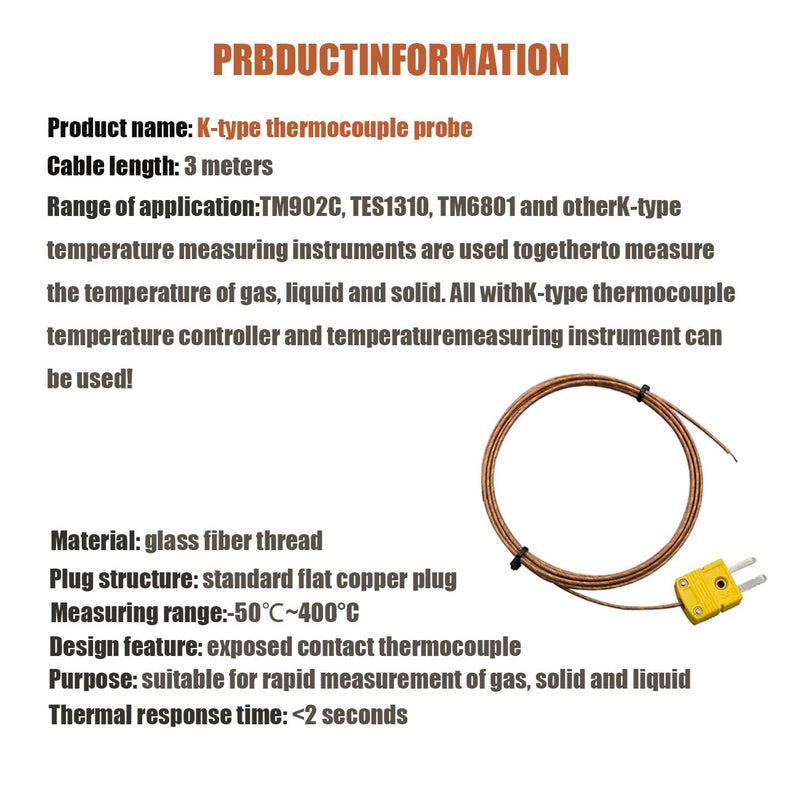 [Australia - AusPower] - K-Type Thermocouple Probe - High Accuracy Temperature Sensor with 1M and 3M Fiberglass Cable, -58°F to 899°F (-50°C to 482°C) Range, Fast <2s Response, Compatible with Type-K Measuring Devices 