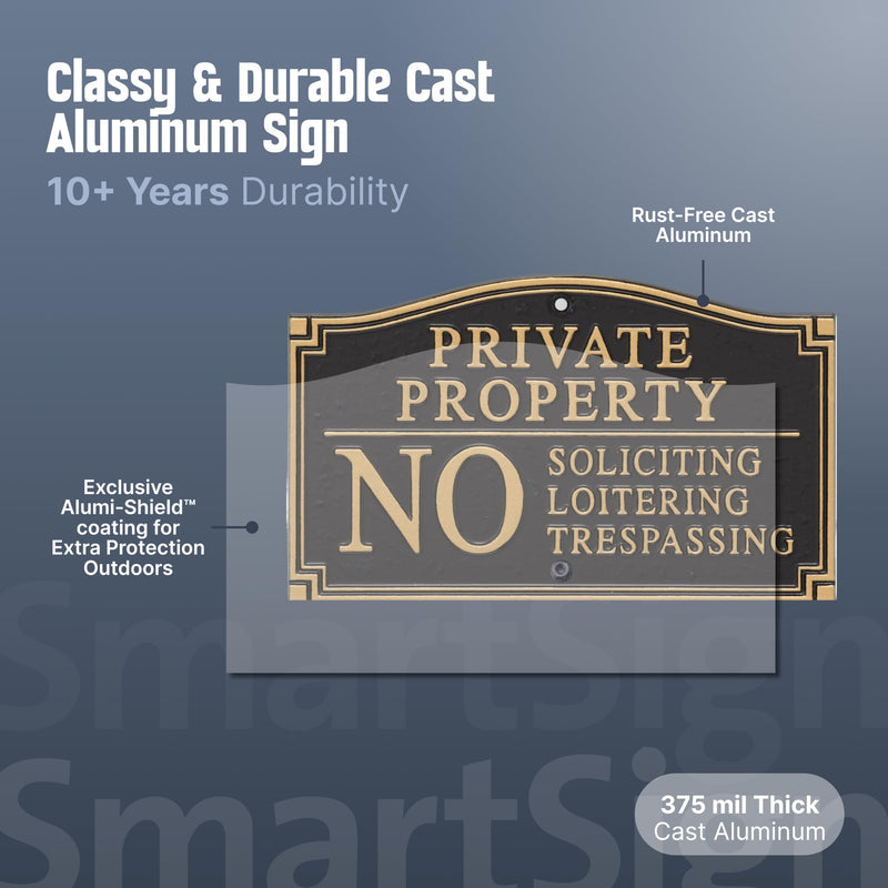 SmartSign Private Property Sign for Yard, No Soliciting Loitering Trespassing Garden Plaque | 5.75" x 9.5" Aluminum Plaque with 18" Black Lawn Stake, Made in USA Private Property - No Soliciting