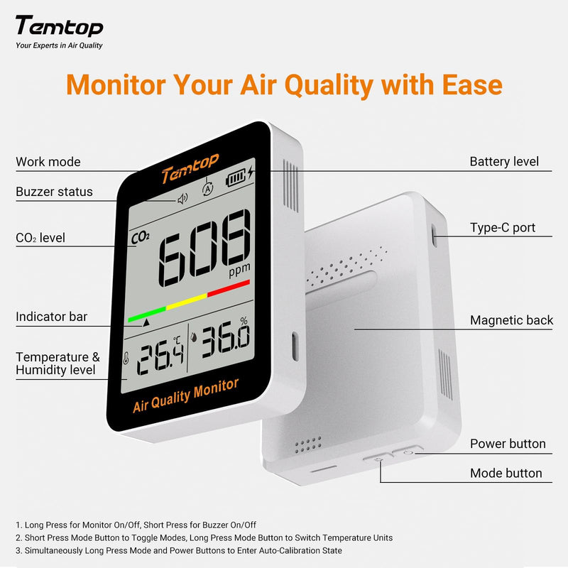 Temtop C1 CO₂ Meter with CO2 Monitor, Thermometer & Hygrometer - Precise Measurement for Air Quality in Home, Office, School Without APP CO₂ Temp. & Humidity