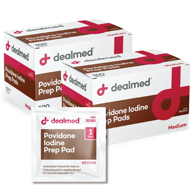 [Australia - AusPower] - Dealmed Povidone Iodine Prep Pad 10% - Individually Sealed Packets Perfect for Wound Care and Portable First Aid Kits, 100/Box (Pack of 1) Pack of 1 