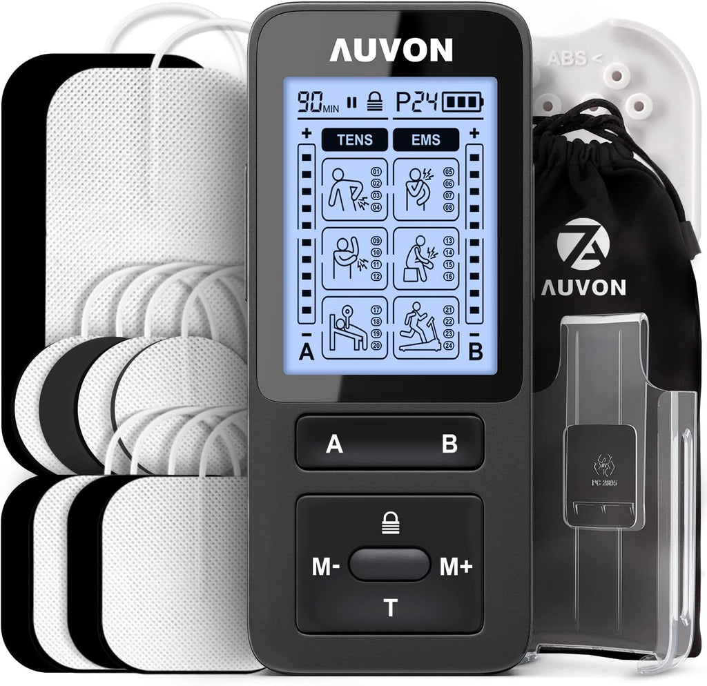 AUVON 24 Modes TENS Unit Muscle Stimulator for Pain Relief with 2X Battery Life (300mAh), Rechargeable TENS Machine with 8 Electrode Pads for Muscle Pain, Back Pain, Low Back Pain (Belt Clip Included）