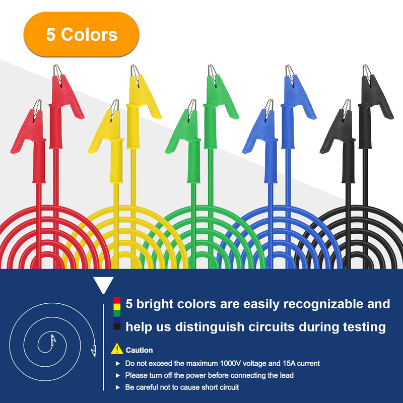[Australia - AusPower] - 5 Pcs Heavy Duty Alligator Clips Electrical, Dual Ended Alligator Clip Leads with Insulated PVC Shell, 3.3ft/1m Flexible 15A Copper Test Leads with Alligator Clips for Electrical Testing 