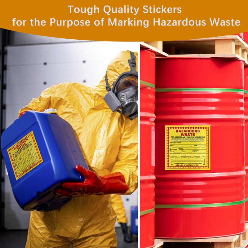 Pack of 50 Hazardous Waste Identification Stickers Label, Federal Laws Prohibit Improper Disposal, Handle with Care, 6"x6"