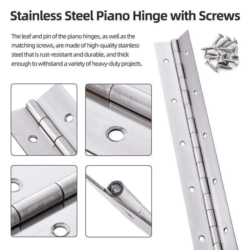 [Australia - AusPower] - 2 Pack Heavy Duty Piano Hinge 12 Inch x 3 Inch Stainless Steel Continuous & Piano Hinges with Holes, 12" Continuous Hinges for Cabinet, Door, DIY Wood Boxes, 0.060" Leaf Thickness, 3" Open Width 