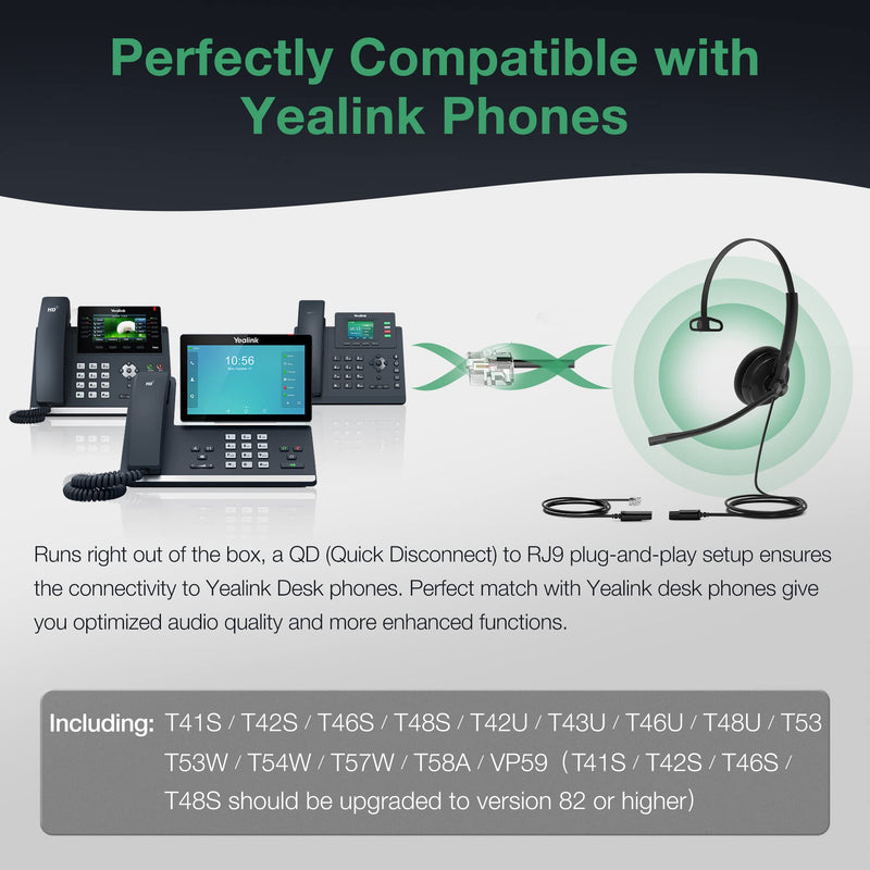 [Australia - AusPower] - Yealink Phone Headsets for Office Phones YHS34 Lite QD to RJ9 Wired Headset Compatible with Poly Snom Grandstream Phones Desk Landline Headset with Microphone -Mono/72g/2.1m Cable Foamy Ear Cushions - Mono Compatible with Yealink|Poly|SNOM|Grandstream 
