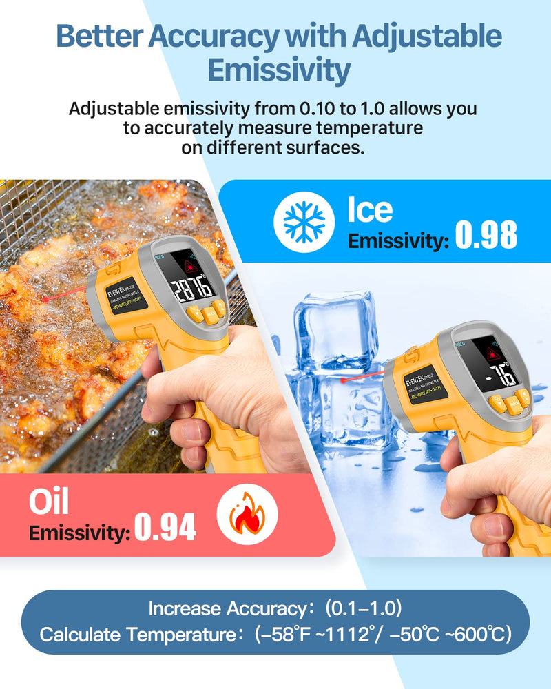 [Australia - AusPower] - EVENTEK Infrared Thermometer, Temperature Meter -50°C ~ 600°C (-58°F~1112°F) with Adjustable Emissivity, Laser Thermometer, Non-Human for Cooking/Barbecue/Freezer/Industry Yellowish-Grey 