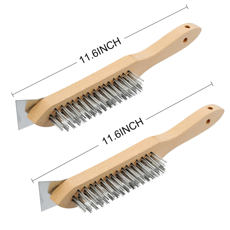 MAXMAN Stainless Steel Wire Scratch Brush, 12 Inch Wooden Handle Wire Brushes with Metal Scraper, Heavy Duty Wire Brushes for Cleaning Rust, Paint Scrubbing, Dust and Other Hard Surfaces 2 Pieces Stainless Steel Bristles