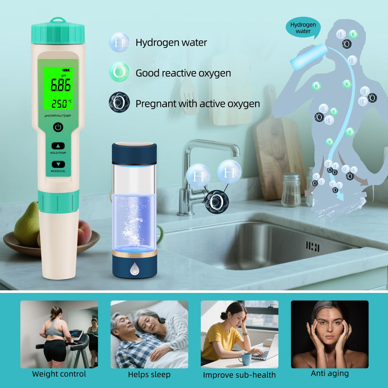 [Australia - AusPower] - Hydrogen Water Tester, 4-in-1 pH H2 ORP Temp Meter, High Accuracy Hydrogen Tester for Water, Portable ORP Meter for Drinking Water, Aquarium, Hydrogen Water Bottle, Home and Lab Use, Pool Green 