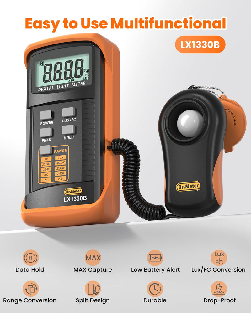 [Australia - AusPower] - Dr.meter LX1330B Digital Illuminance Light Meter, 0-200,000 Measurement Range Lux Meter, Lighting Intensity Brightness Measurement for Indoor Outdoor, Light Meters for Plants 