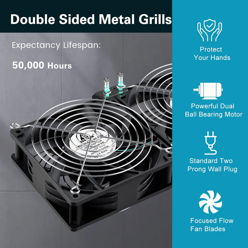 GDSTIME Dual 120mm x 38mm Computer Fan with AC Plug, AC 110V-240V Variable Speed Fan 240mm for DIY Cooling Mining Rig Server Case Grow Rack AV Cabinets Room to Room Basement Garage Ventilation Exhaust 2* 120x38mm fan