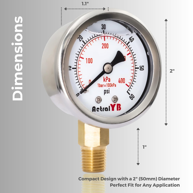 [Australia - AusPower] - 0-60 Psi Glycerin-Filled Pressure Gauge, 2-Inch Gauge, Stainless Steel, 1/4" NPT Lower Mount,400kPa Pressure Gauge for Pool Pump, Sand Filter, Air Compressor, and Well Water Systems 0-60PSI 
