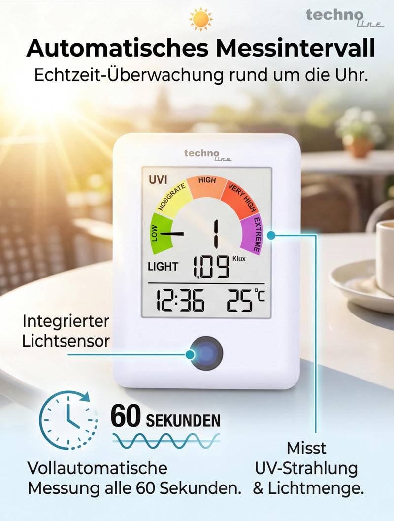 technoline WS9320 UV Radiation Monitor with UV Index and Light Meter, Real Time UV Measurement Every 60 Seconds, Indoor Temperature and Time, UV Warner with Color Scale, Light Intensity Meter up to