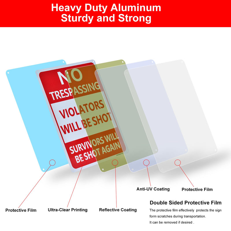 No Trespassing Signs,Violators Will Be Shot Sign, 2 Pack 14"x10" RustFree Reflective Aluminum Survivors Will Be Shot Again Signs, UV Protected,FadeResistant and Weather Resistant, Easy to Mount. Red