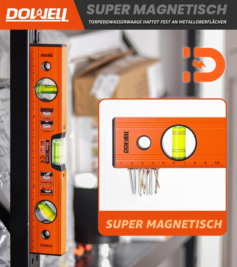 DOWELL Magnetic Spirit Level with Metric Scale 300 mm/12 Inches, 3 Different Levels - 45°/90°/180°