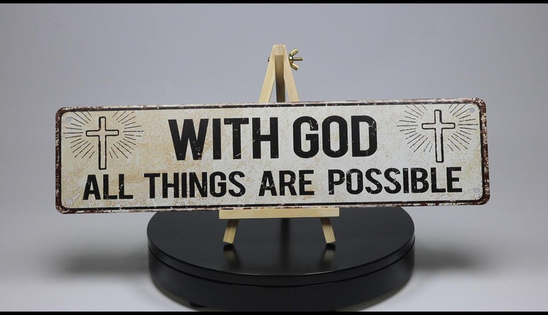 With God All Things Are Possible,Religious Wall Decor,Scripture Wall Art,Catholic Christian Gifts for Men, 4" by 16" Tin Plaque for Home with god all things are possible-01