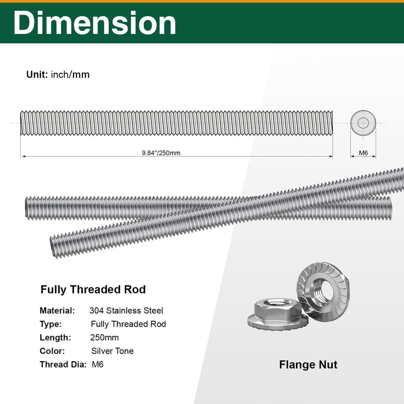[Australia - AusPower] - M6-1.0x250mm Fully Threaded Rod Studs, 304 Stainless Steel Long Threaded Screw Right Hand Threads, 2 Pack M6 4PCS 