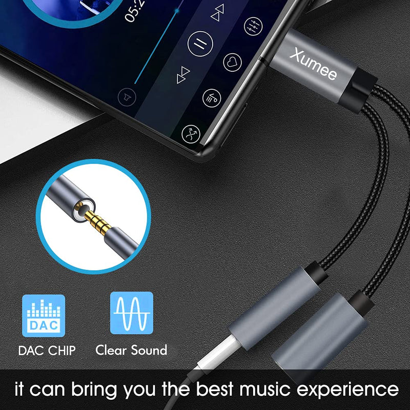 [Australia - AusPower] - Xumee USB Type C to 3.5mm Headphone and Charger Adapter, 2-in-1 USB C to Aux Audio Jack Hi-Res DAC and Fast Charging Dongle Cable Compatible with iPhone 15 Pro Max,Galaxy S24 S23 Ultra S22 S21 (Grey) Grey 