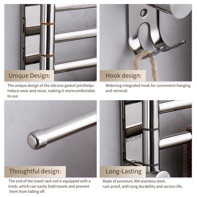 Swivel Towel Rack, 14" Thicken 304 Stainless Steel 4-Arm Adjustable Towel Bar,Wall Mounted Towel Holder with Hook, Space Saving for Kitchen, Bathroom, Outdoor (Silver, 4 Arms) Silver 4-arms